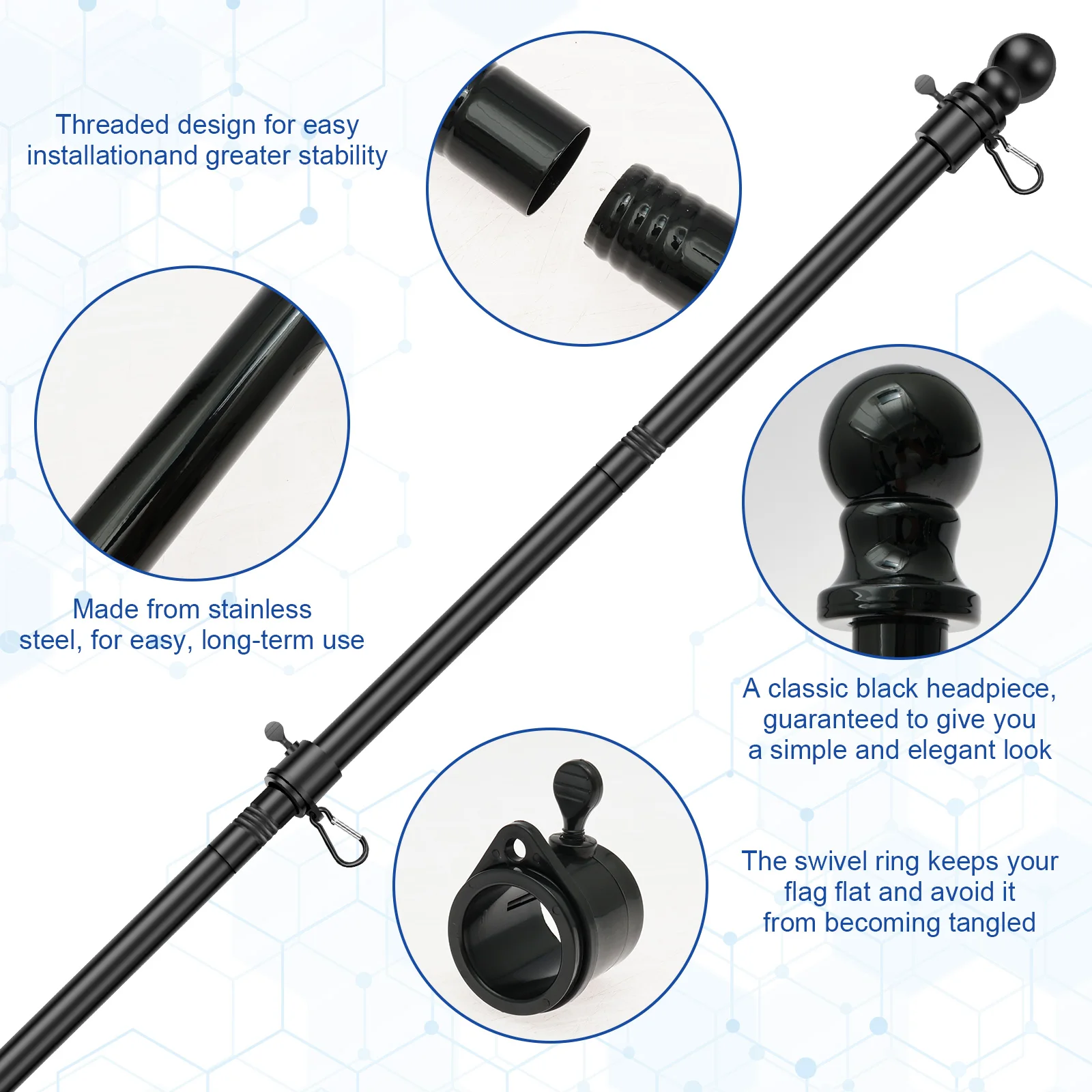 74.6in Adjustable Flag Pole Kit Metal Flagpole with Bracket Versatile Wall Mounted Outdoor Flagpole for Residential Commercial