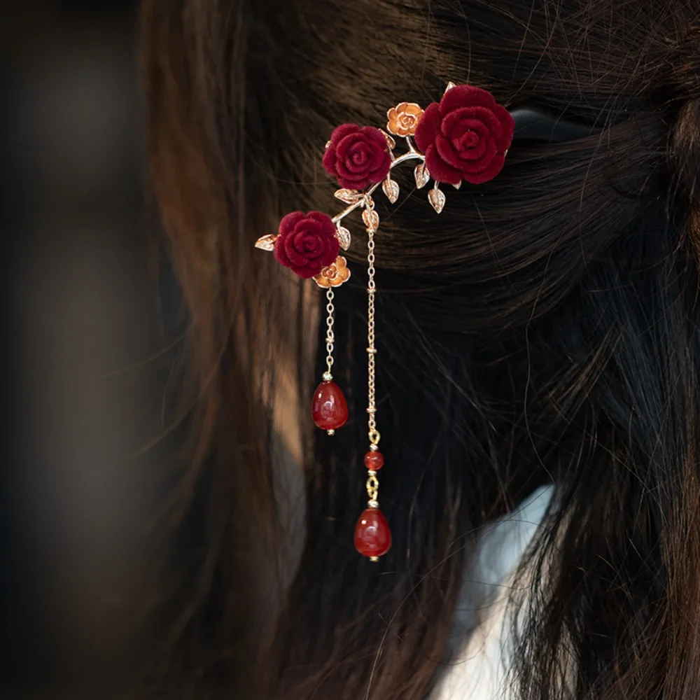 Hanfu Hair Sticks Red Rose Chinese Hair Stick Ancient Style Handmade Vintage Hairpin with Tassel Retro Flower Hair Forks Wedding