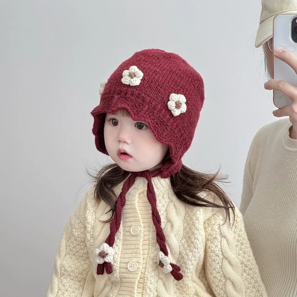 

New Windproof Pullover Cap Coldproof Pompom Beanie Hat Knitted Flower Ear Protection Hat 3-36M