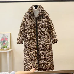 2024 Winter New Fashion Leopard Pattern Down Cotton Jacket for Women Long Loose Thick Warm Long Cotton Jacket Parkas Stand Colla