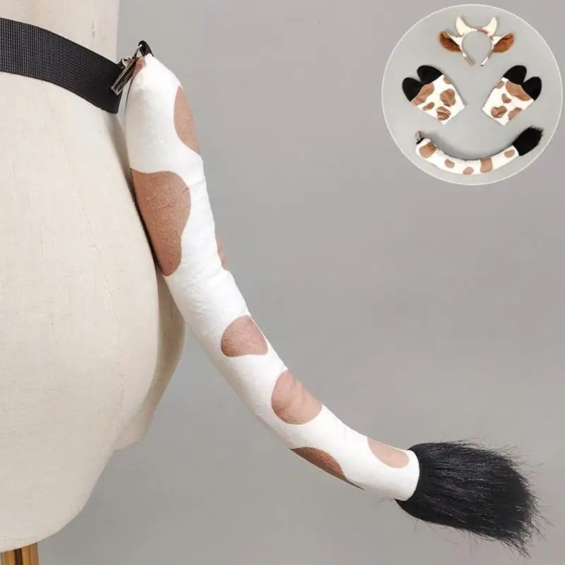 31BF Cow Costume Set Cow Ears Headband Tail Gloves Halloween Animal Cosplay Costume