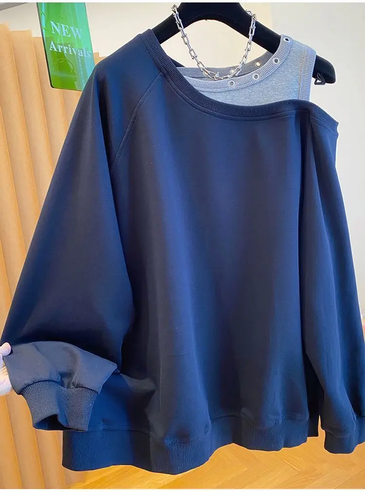 Fake Two Piece Casual Oversized Off Shoulder Sweatshirt Tops Women Designer Hollow Out Sweatshirt Fall Hoodie Jacket Outwear