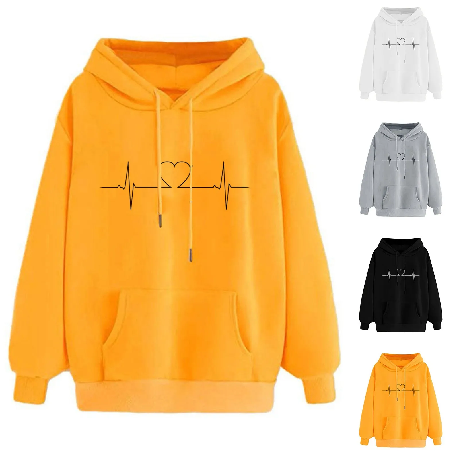 Yellow Hoodie Women'S Trendy Love Printed Sweatshirt Thick Hoodie Pullover Casual Blouse Top Retro Outfits 90s Sudadera Mujer