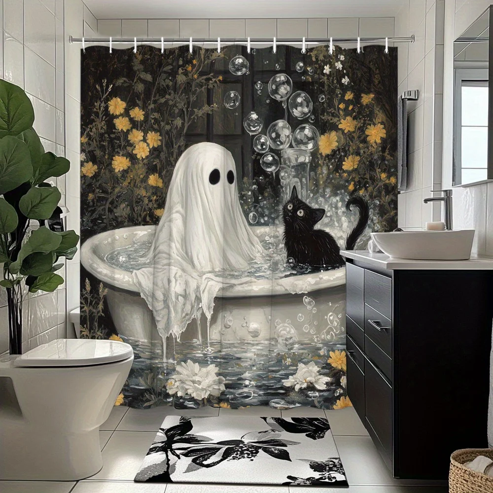 Halloween-Duschvorhang mit Geister-, schwarzer Katzen- und Blumenmuster-Print, wasserdicht, schimmelresistent, aus Polyestergewebe, mit kostenlosen Kunststoffhaken E
