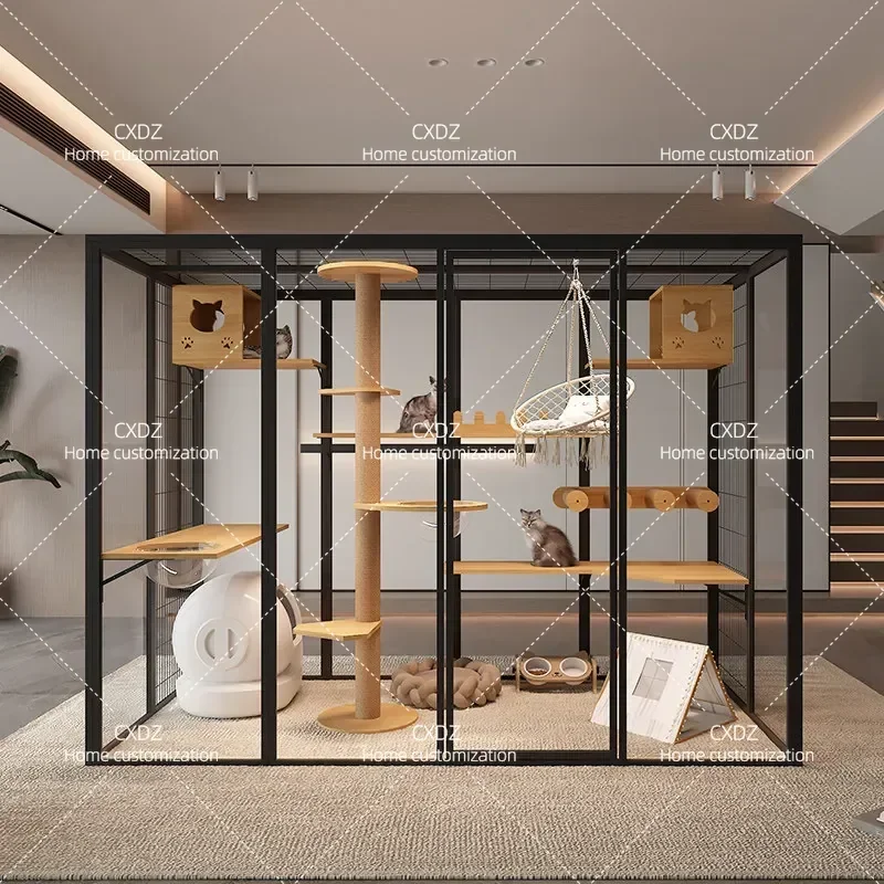 Large Solid Wood Cat Villa Panoramic Glass Enclosure Oversized Indoor Luxury Cat House Cage for Multiple Cats Spacious Pet