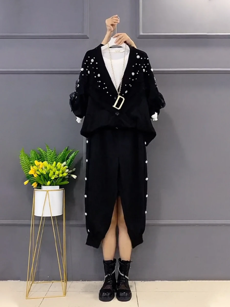 2023 Spring New Elegant V-neck Diamond Lace Knitted Coat Women Black Sweatpants Two-Piece Suit Fashion Bead Tracksuit Oversized