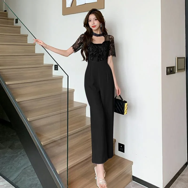 2023 Summer Women Fashion New Lace Panel Hollow out Slim Jumpsuit Pants Sexy Hole Skinny Long Pants Overalls Female