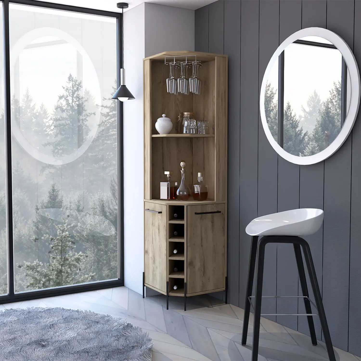 Mueble Bar Reese de Doble Puerta con Cinco Botelleros Integrados y Cuatro Estantes Interiores, Dos Estantes y Diseño de Esquina