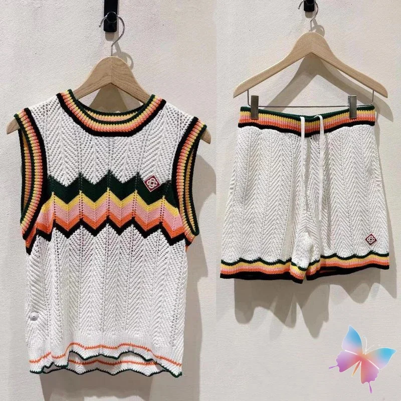 

2XL Rainbow Wave Knit Round Neck Vest Set Fashionable Casual Loose High Street Sleeveless Top Men Women