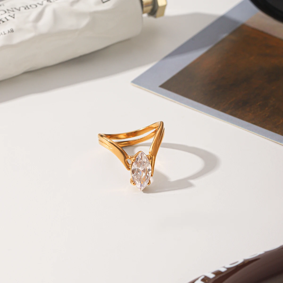 

Marquise Cut Zircon Ring 18K Gold Plated Stainless Steel Solitaire Ring Y2K Style For Women Minimalist Luxury Designer Jewelry
