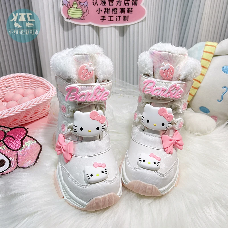 

Милые детские белые зимние сапоги «Hello Kitty», нескользящие короткие сапоги из кожи в стиле аниме Kawaii, теплые непромокаемые рождественские ботинки для девочек