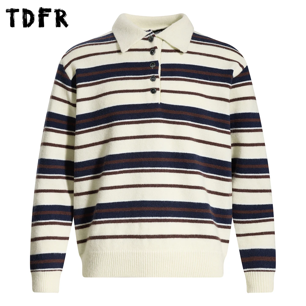 대비 패널 스트라이프 스웨터 남성 레트로 가을 겨울 캐주얼 루즈 긴 소매 옷깃 니트 풀오버 남자