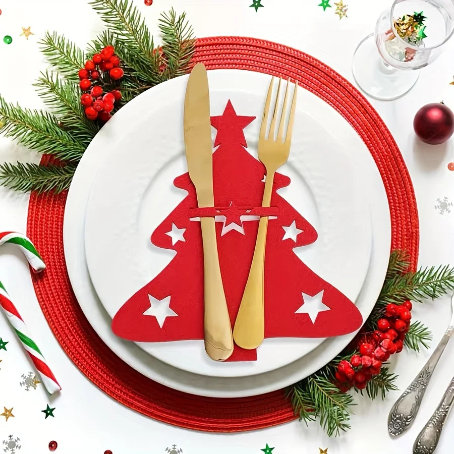 12pcs Festive Christmas Tableware Set, Felt Cutlery Holders with Knife and Fork, Holiday Dining Decorations