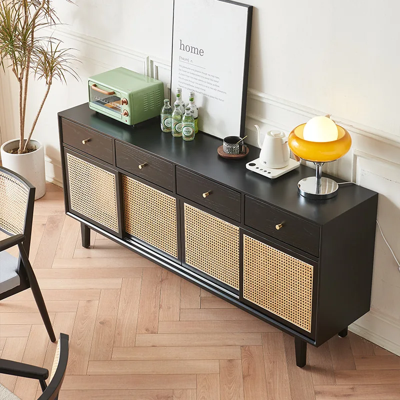 

Nordic ash wood rattan dining side cabinet household living room simple storage cabinet with drawers four doors large capacity s