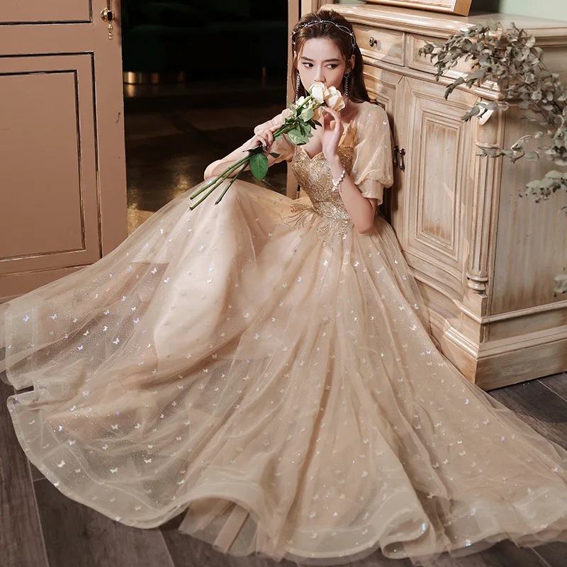 

Champagne Evening Dresses 2022 Exquisite Sequins Sweetheart Collar Banquet Gown New Classic Floor-Length Party Dress