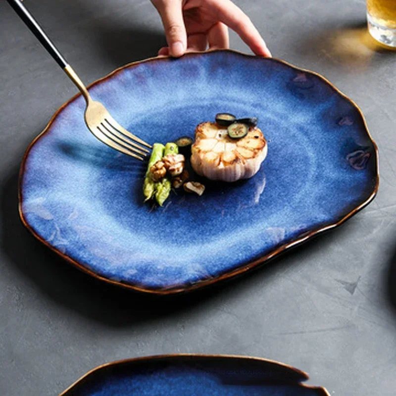 Ceramic Plates Deep Blue Irregular Flat Plate Pottery Dish Household Decoration Tableware Dinnerware Tray Hotel Kitchen Supplies