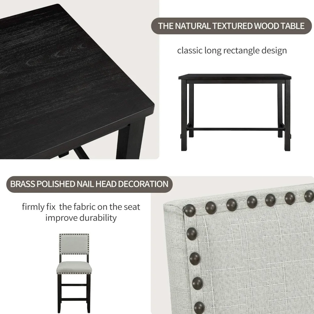 5 Piece Dining Table Set for 4,Counter Height Kitchen Table Set with One Rectangle Table and 4 Cushioned Chairs for 4 Persons D