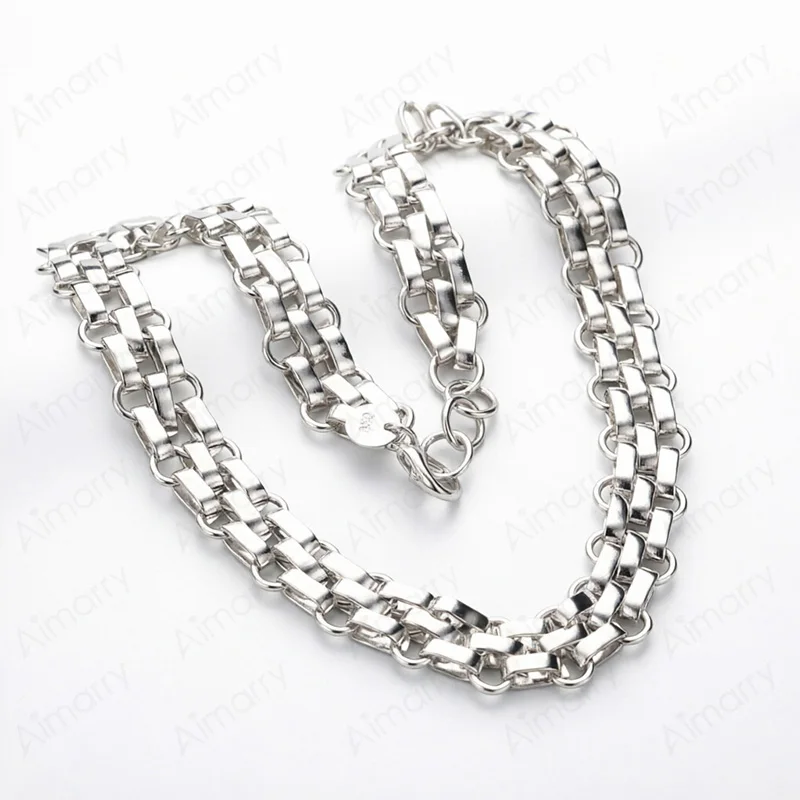 Dominante, breite, karierte Halskette aus 925er Sterlingsilber, 18 Zoll, Unisex, für Party, Bankett, Verlobung, Hochzeit, Modeschmuck – Detail 4