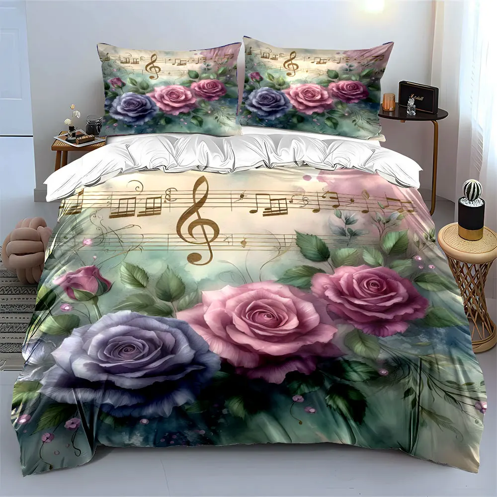 Romantic roses with music intertwine Print Soft Comfortable Duvet Cover Bedding Set Included 1*Duvet Cover  2*Pillowcases