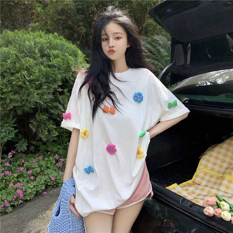 Women Short Sleeve T-shirts Sweet Girls Summer Loose 3D Flower Lovely Trendy Tops Students Soft Ulzzang Tees Females 2023 Newest