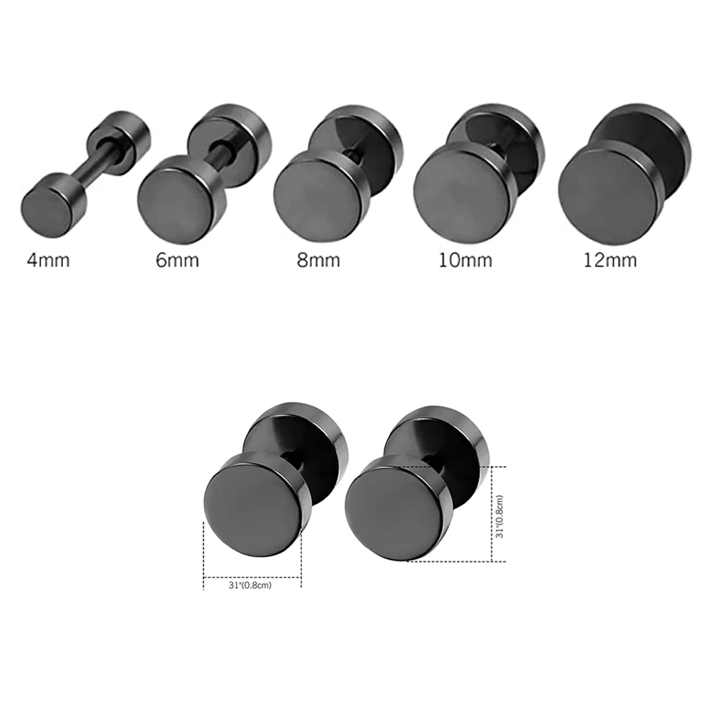 5 Pairs Unisex Punk Stylish Black Stainless Steel Round Barbell Stud Earrings Set for Men Women Everyday Wear Size 4/6/8/10/12mm