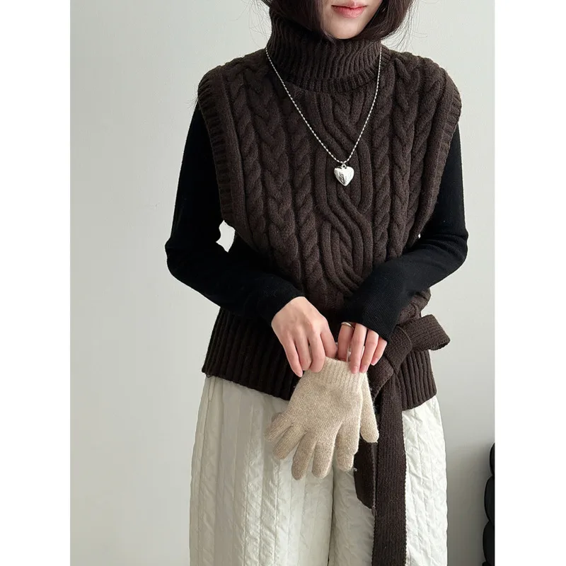 EAEOVNI بلا أكمام بلوفر مغزول سترة للنساء الياقة المدورة بلون حزام تجمع الخصر القمم ملابس الشتاء غير رسمية الجديدة #6