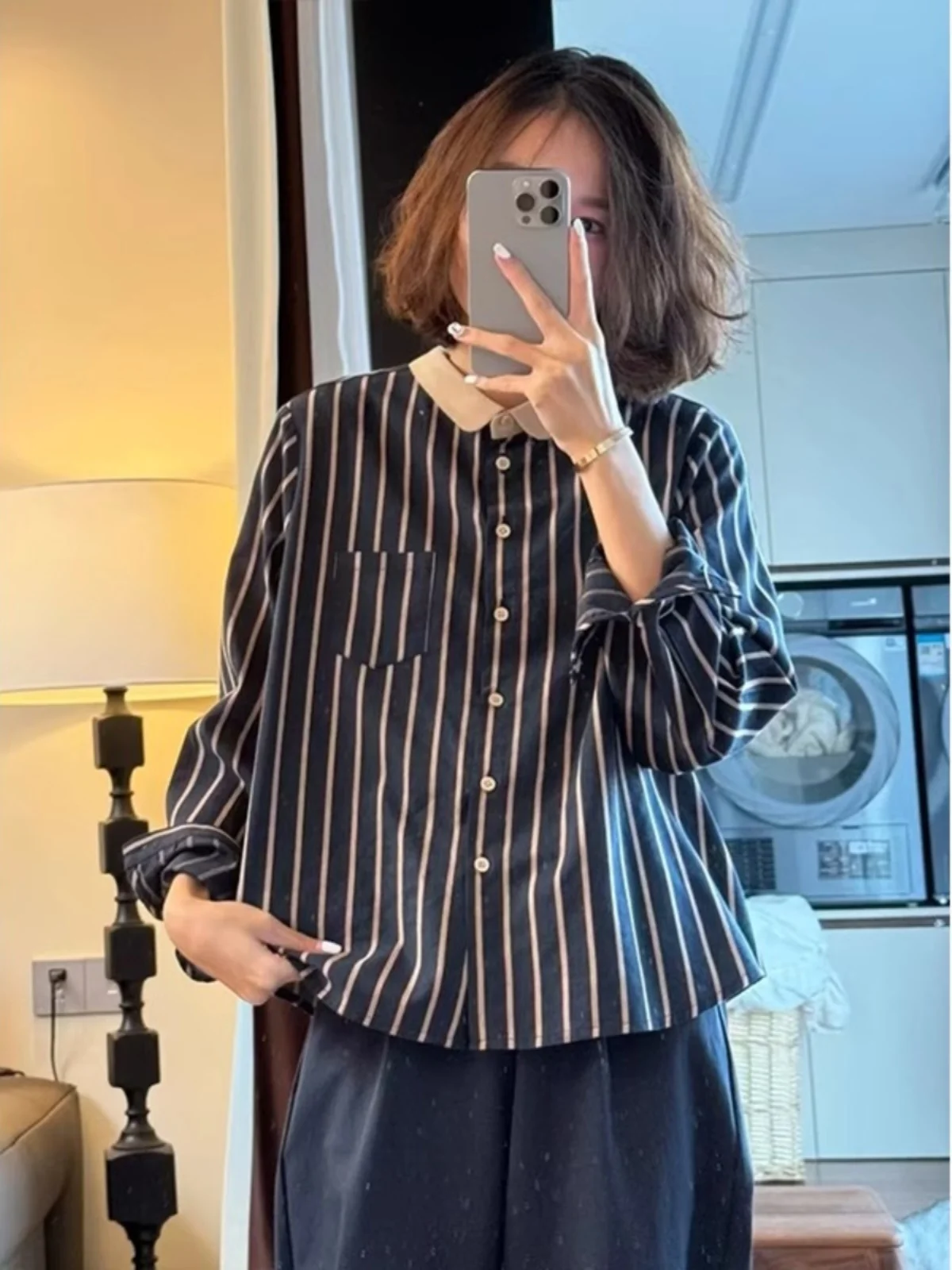 

Утягивающий морской воротник с длинным светом, универсальный женский шелковый топ в полоску Ele, модная шикарная деловая повседневная одежда