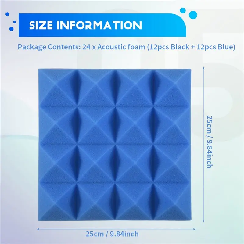 ABVT-24Pcs 25X25x5cm Studio Acoustic Soundproof Foam Pyramid Noise Insulation Sound Absorption Treatment Panels