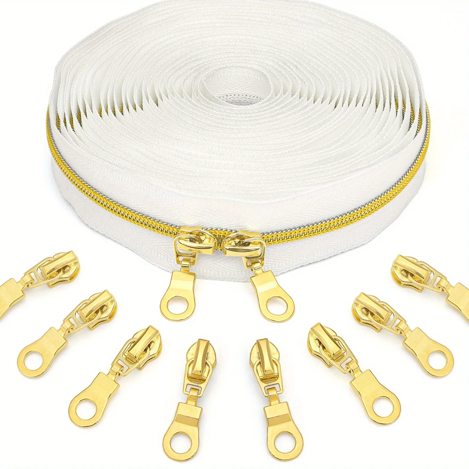 One roll (4.5 meters/5 yards) nylon zipper, with 10 golden zipper heads, #3 white cloth gold tooth zipper
