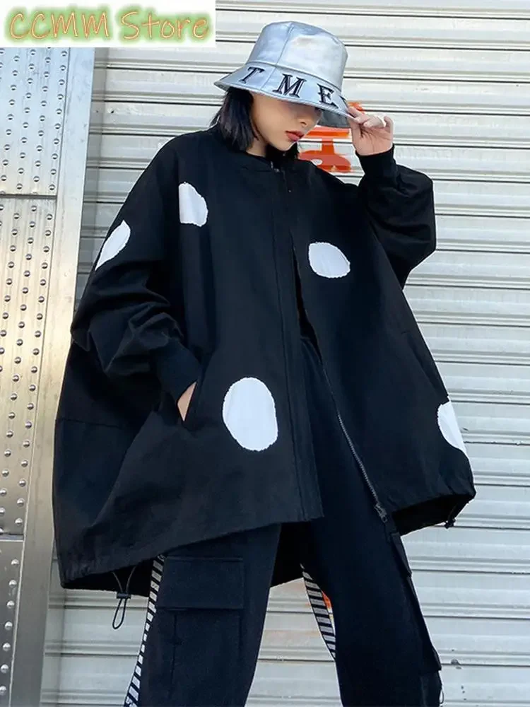 

Army Green Dot Big Size Irregular Jacket New Stand Collar Long Sleeve Women Coat Fashion Tide Spring Autumn