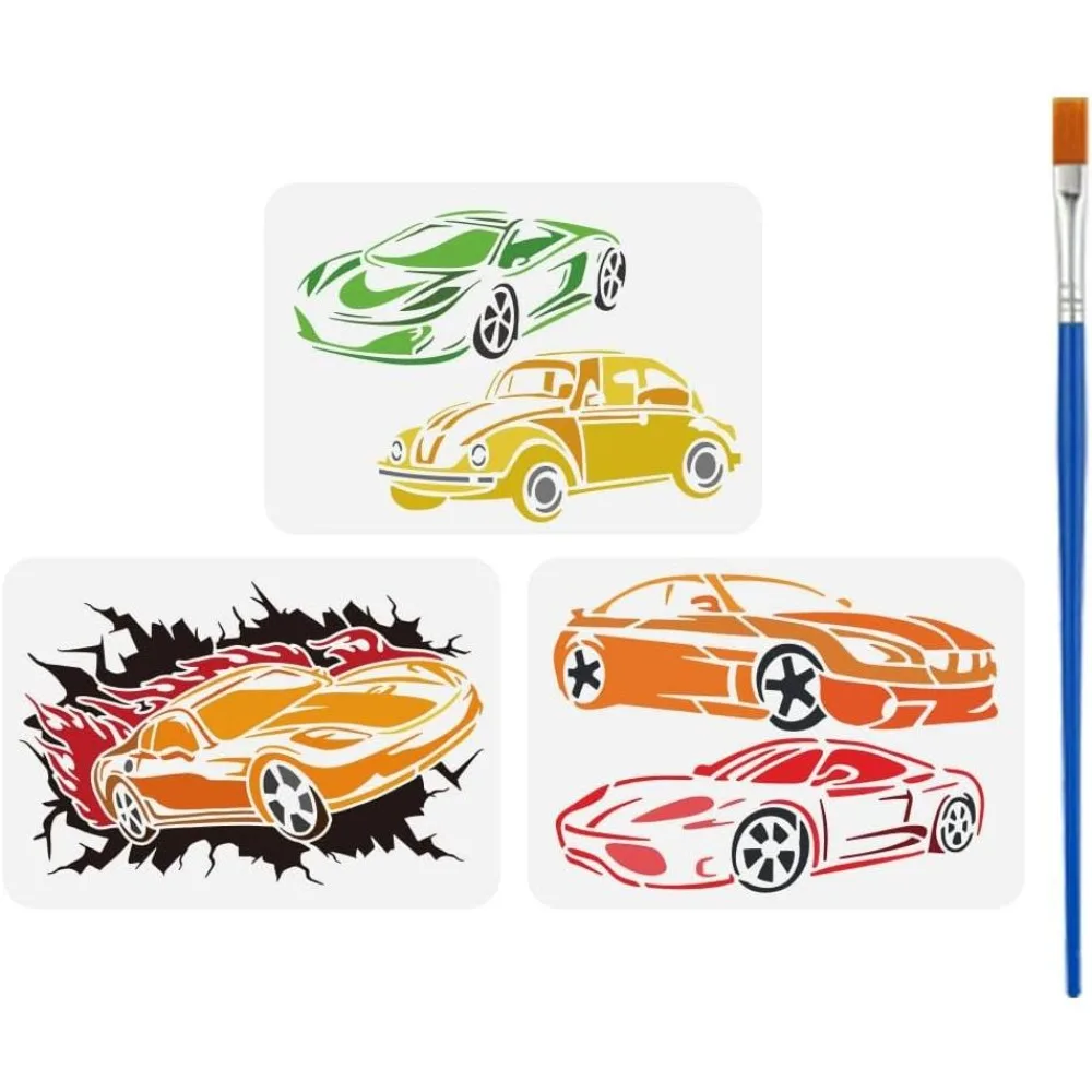 3 Pcs Sport Car Drawing Stencil with A Paint Brush 11.7x8.3inch Roadster Painting Template Car Racing Sedan DIY
