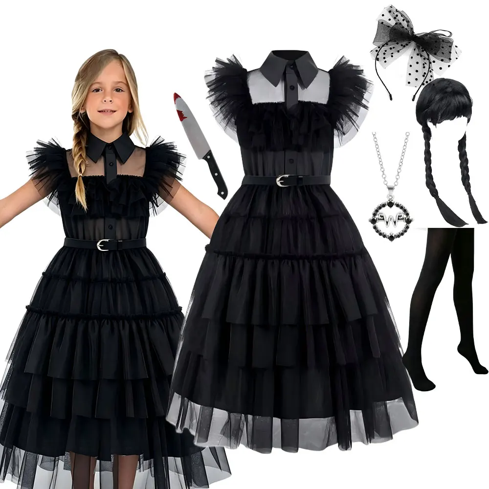 Girls Black Gothic Tulle Dress Ruffled Tiered Dress With Belt Children Halloween Prom Ball Gown Student Cosplay Carnival Costume