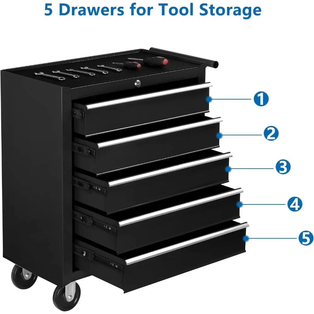 5-Drawer Rolling Tool Chest w/Drawers & Lock, Tool Storage Cabinet with Lockable Wheels, Top Cushion & Drawer Liners