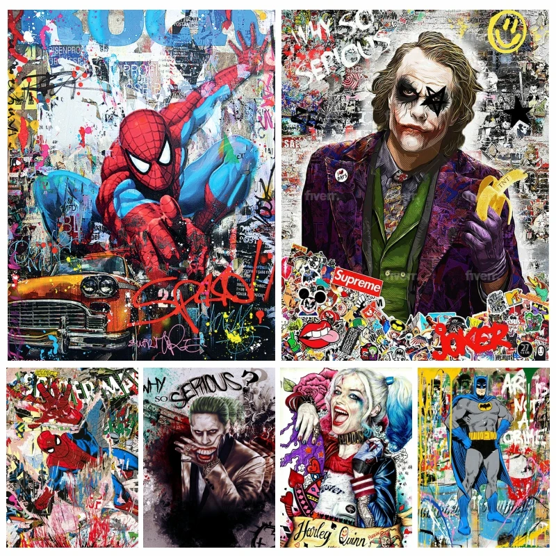 

Modern Pop Art Graffiti Spiderman And Joker Diamond Painting Full Drills Dark Knight Superhero Cross Stitch Mosaic Home Decor