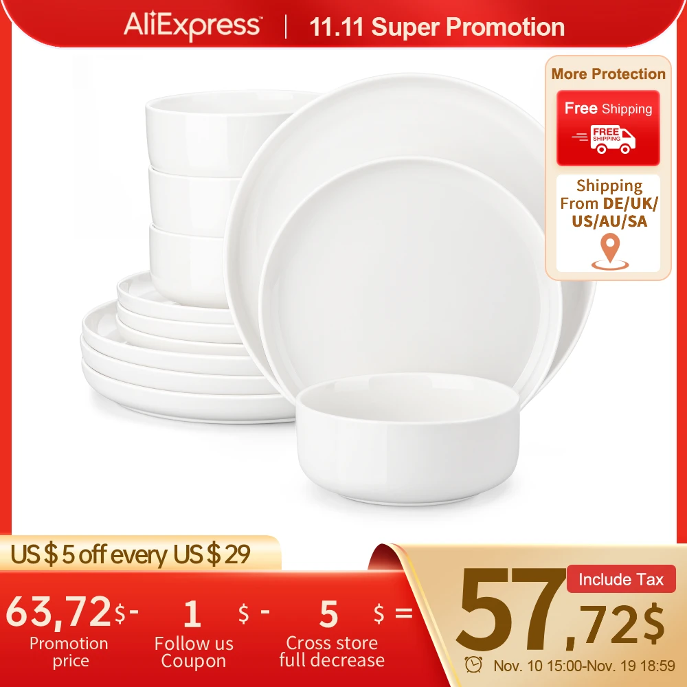 

MALACASA 12/24 Piece Ceramic Porcelain Dinnerware Set with 4 Pcs Dinner/Dessert Plates,Bowl Tableware Set Service for 4