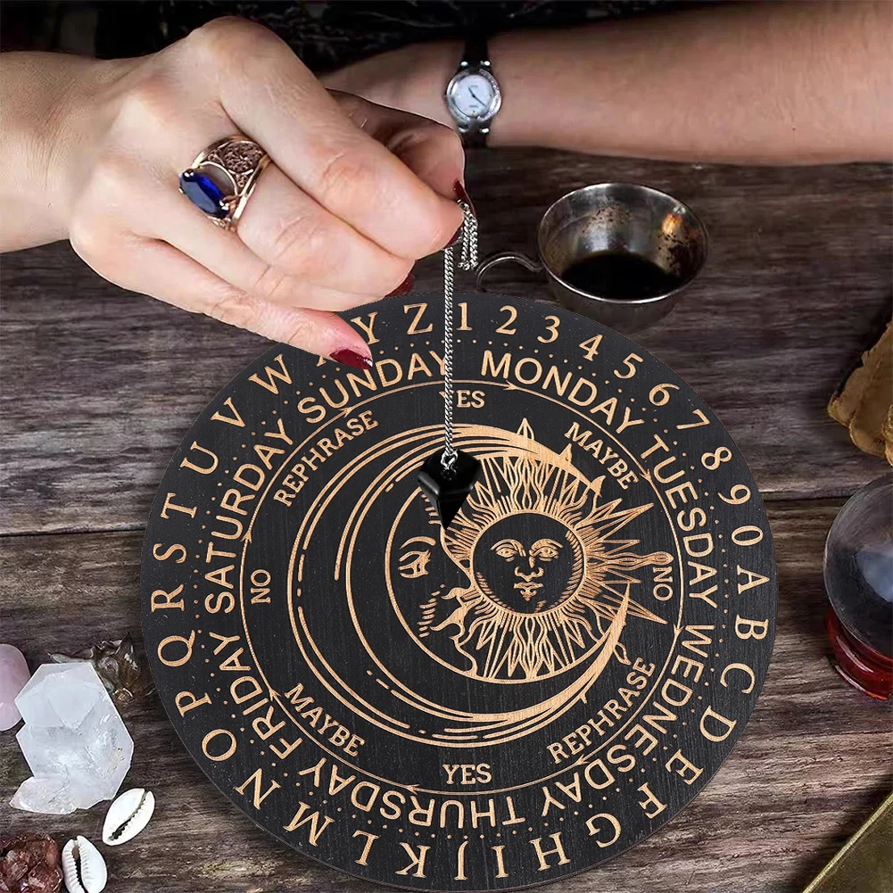 Round Black Wooden Board Laser Engraved Crystal Display Mat Magical Energy Gathering Playmat Altar Wiccan Ritual Supplies 15cm