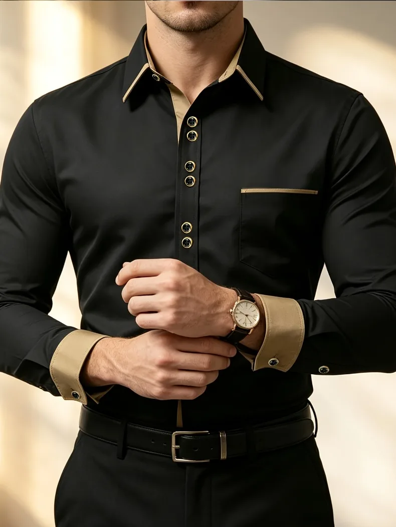 FGKKS Herrenhemd Brandneues Herren-Modehemd in Mehrfarbigem Patchwork-Design mit Langen Ärmeln und Elastischem Bund Smart Casual Männerhemd in Weiß – Detail 3