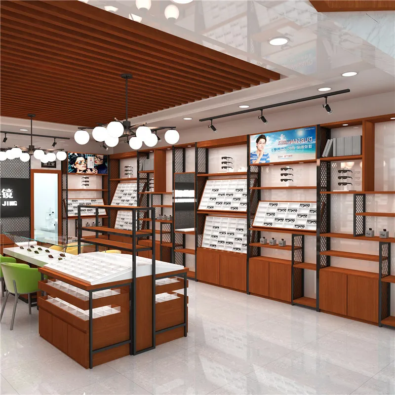 custom.Modern HongMing Display Freestanding Wood Fixed Glasses Display Cabinet Baking Paint Surface Treatment Counter Design