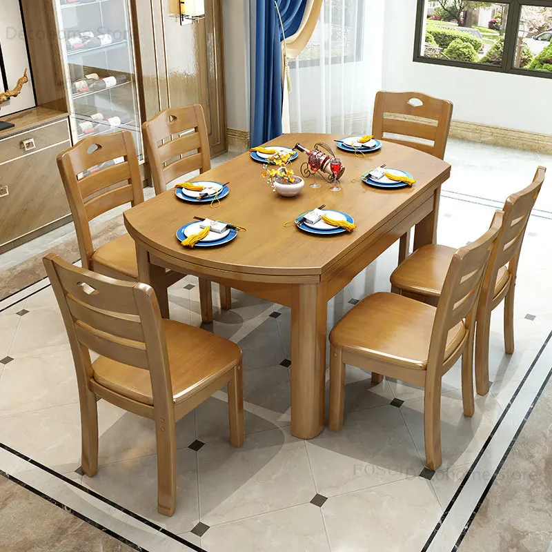 

Chinese Modern Solid Wood Dining Tables and Chairs Set Telescopic Folding Table Simple Home Small Apartment Round Dining Table