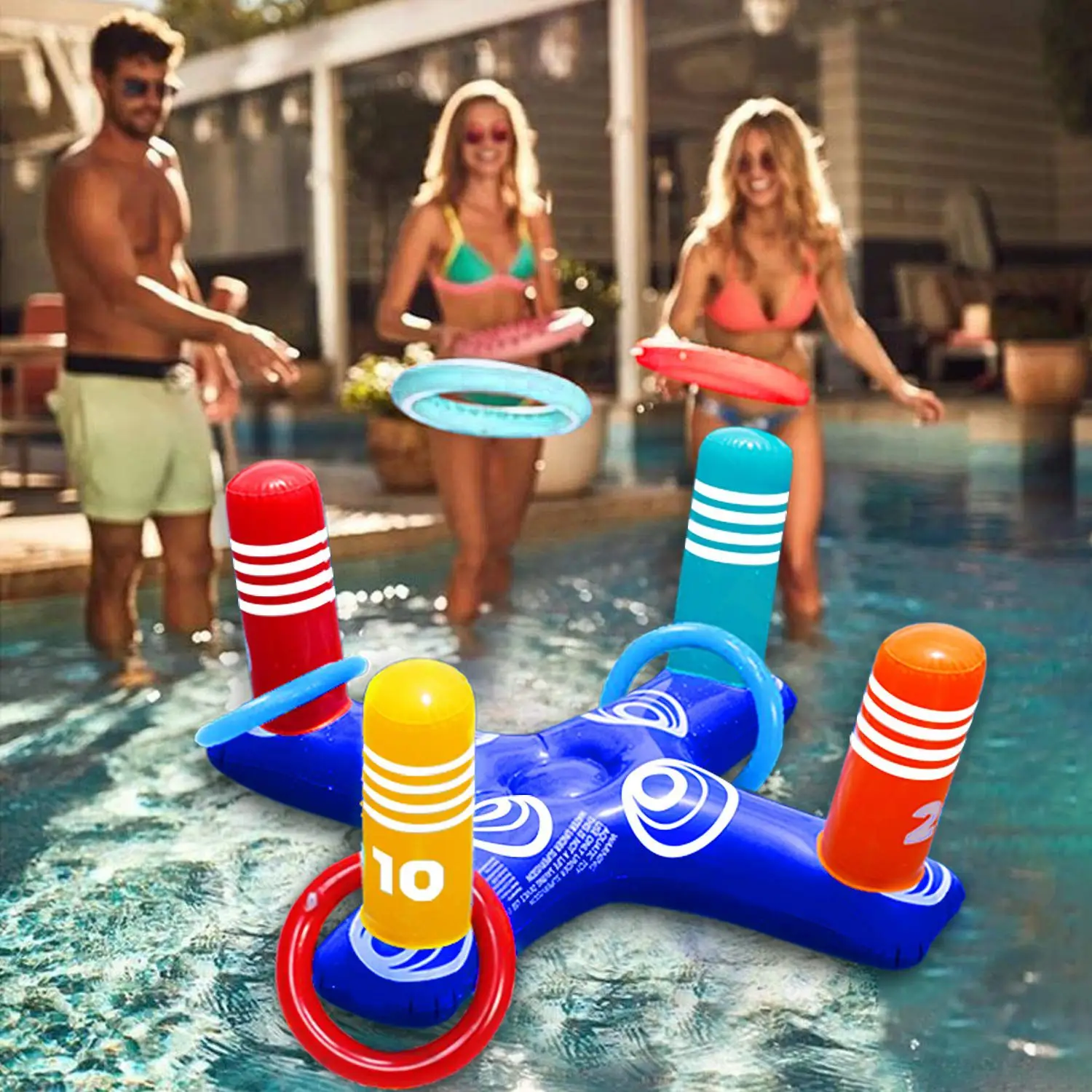 Juego de lanzamiento de anillo de piscina inflable, juguetes flotantes con 4 anillos para juego de piscina multijugador, juguetes de piscina familiar, flotadores de playa, fiesta