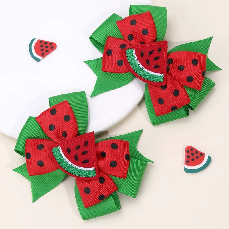 ncmama New Watermelon Hair Bow Clips Summer Butterfly Hairpin for Baby Girl Cute Dot Print Embroidery Barrettes Hair Accessories