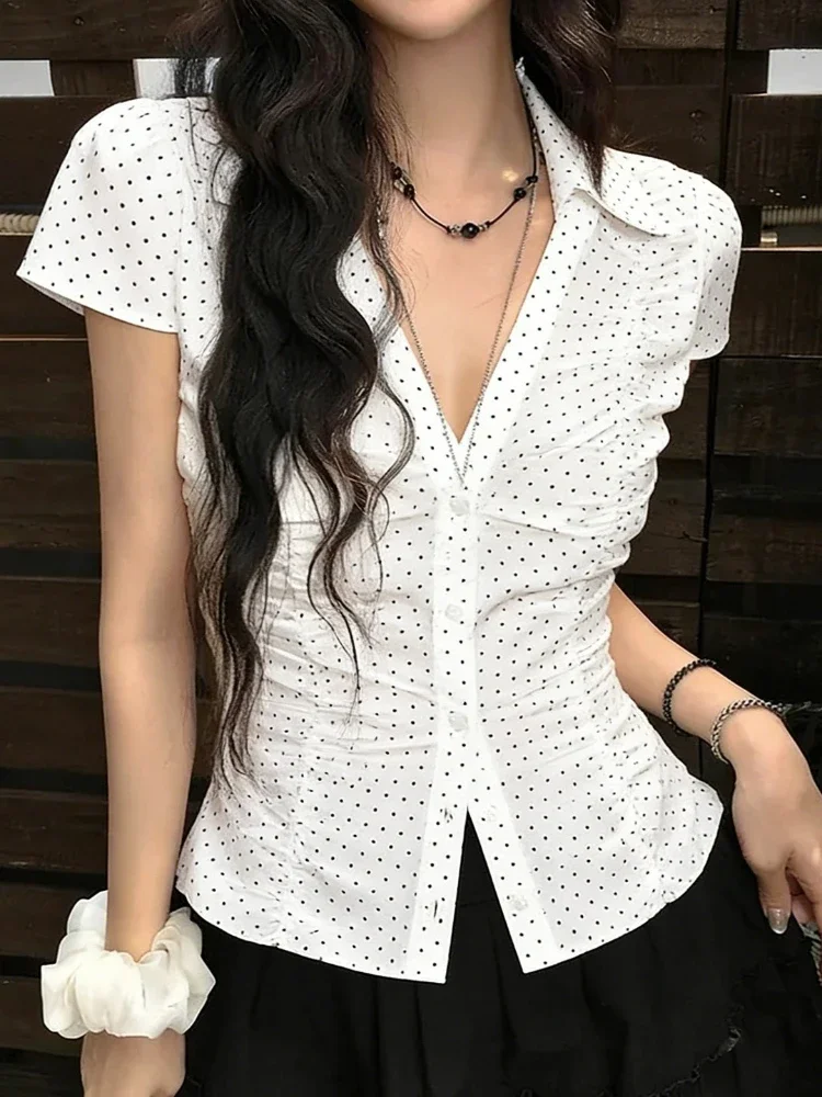 Y2k Aesthetic Wave Point Women Blouse Harajuku Sexy Single Breasted Slim Fit Vintage Shirt 2026 Streetwear Grunge Pleated Blusas
