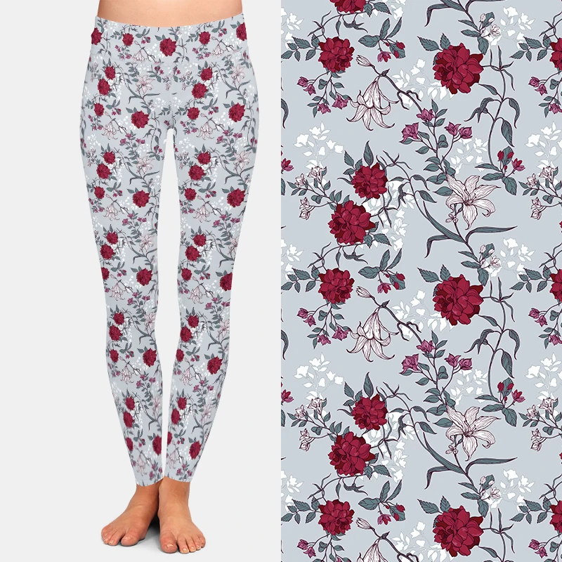 LETSFIND 230gsm Milk Silk Women Fitness Pants Fashion 3D Roses and Lilies Pattern Print High Waist Sexy Slim Stretch Leggings