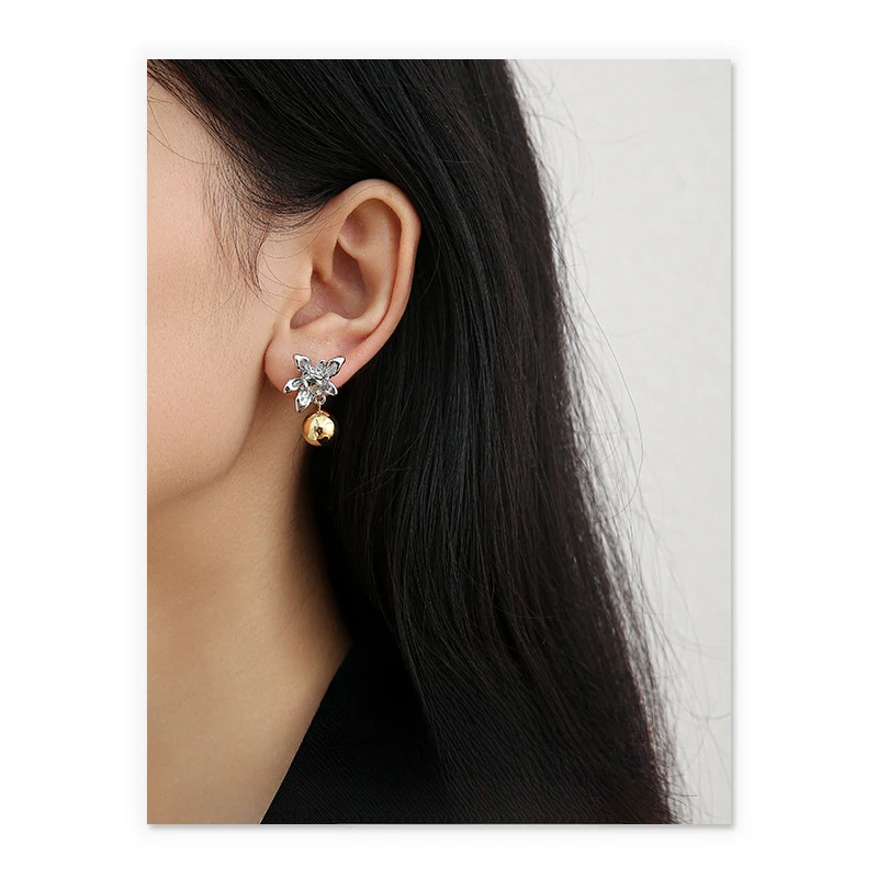 

Fashion niche simple style temperament rhinestone embellishment flower earrings round bead earrings female 925 silver needle