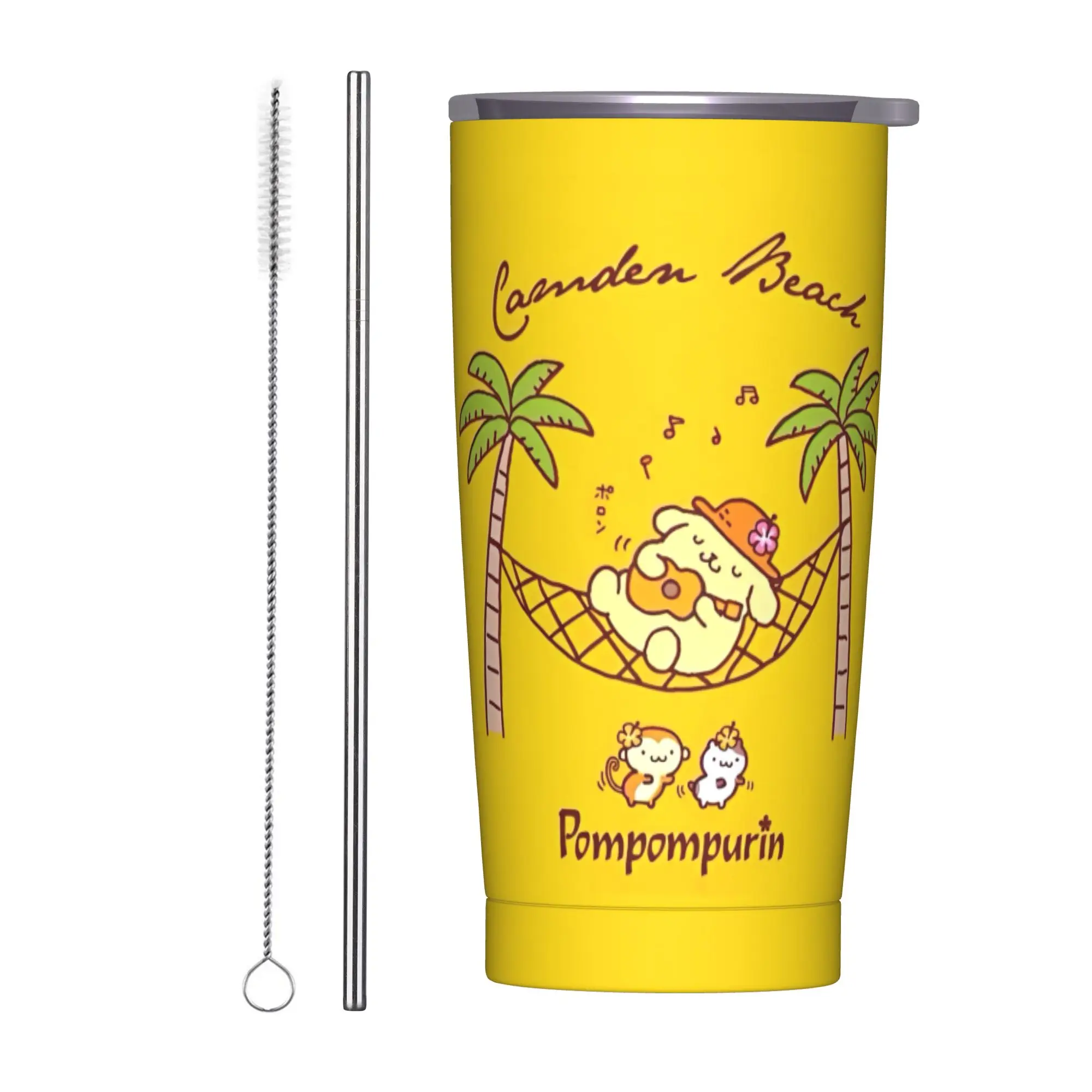 

Pom Pom Purin in Beacg Insulated Tumbler with Straws Lid Vacuum Coffee Mugs Double Wall Car Bottle Cups, 20oz