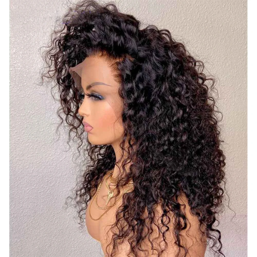 Natural Black Soft 180Density 26Inch Long Kinky Curly Lace Front Wig For Women BabyHair Heat Resistant Glueless Preplucked Daily