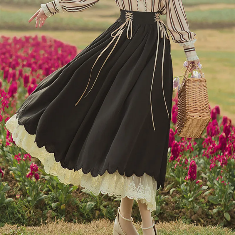 Wiosna 2022 Moda damska Długie spódnice maxi Vintage Preppy Style Mori Girl Cute Lace Hem Lace-Up High Waisted Pleated Skirt
