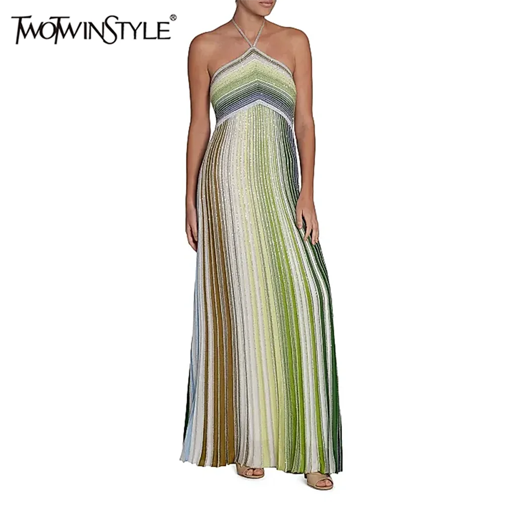 TWOTWINSTYLE Colorblock Spliced Striped Fashion Dresses for Women Halter Neck Sleeveless Patchwork Bright Silk Dress Female New