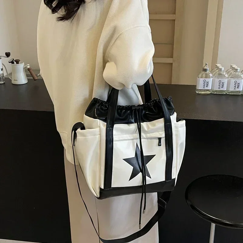 Star Print High Quality String PU Hand Bags High Capacity Casual Tote Ruched Shoulder Bags 2024 Hot Sale Bags for Women Bolsa