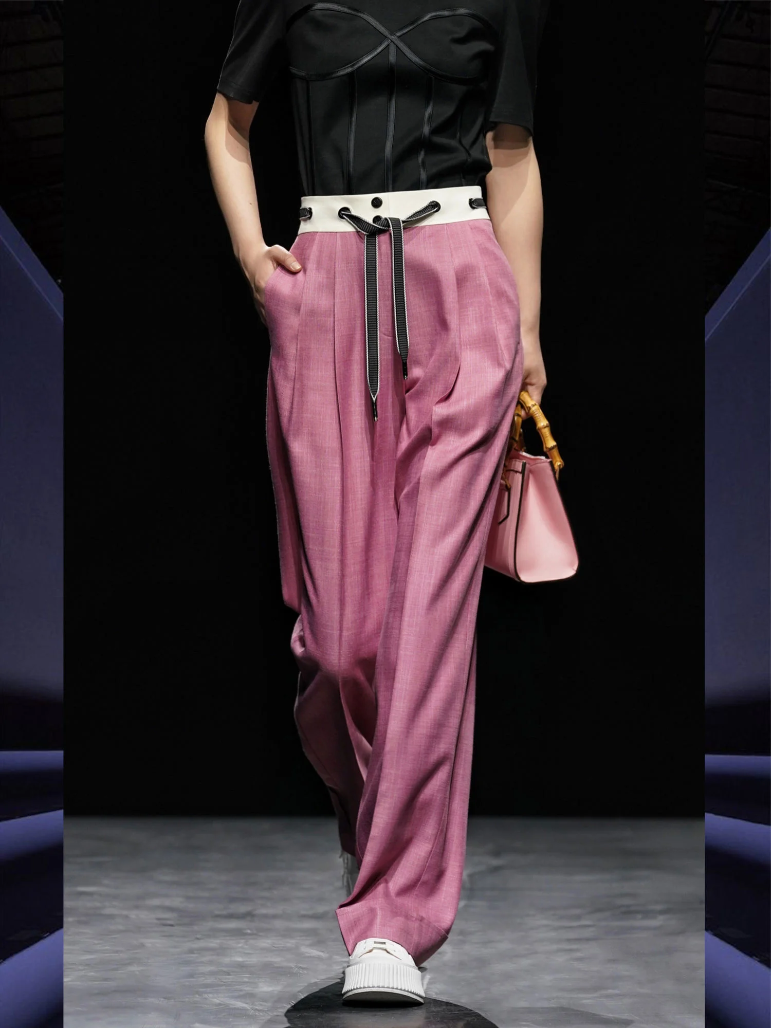 Xiaojingjia's matching color contrast stitching wide leg pants for women in spring and autumn, high waisted casual pants,